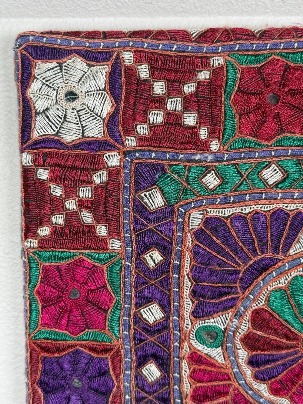 Vintage Tapestry Embroidered Mirrors Jewel Tones Crewel Square Wall Hanging